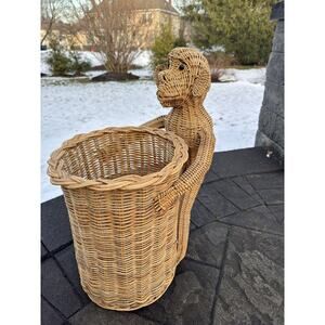 Vintage Monkey Wicker Basket Trash Can Rattan Boho Retro Waste Basket 23”